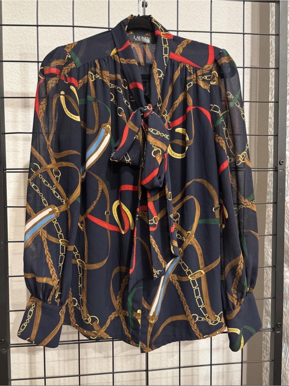 Lauren Ralph Lauren Navy Chain & Ribbon Tie-Neck Blouse
